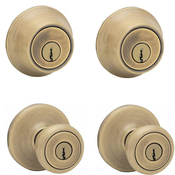 Kwikset Tylo Antique Brass Exterior Entry Door Knob and Single Cylinder Deadbolt Project Knob Combo Pack