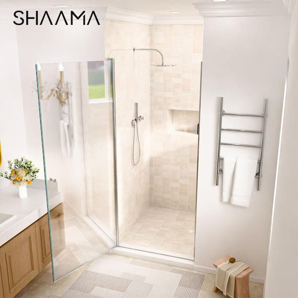 33-34 in. W x 72 in. H Space Saving Pivot Semi-Frameless Swing Shower Door in Chrome Finish with Clear Tempered Glass