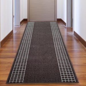 Checkered Bordered Brown Color 26 in. Width x Your Choice Length Custom Size Roll Runner Rug/Stair Runner