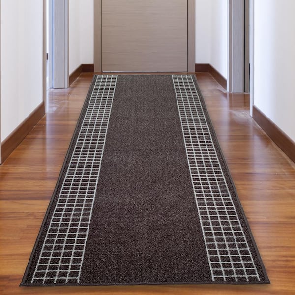 PLAYA RUG Checkered Bordered Brown Color 26 in. Width x Your Choice Length Custom Size Roll Runner Rug/Stair Runner
