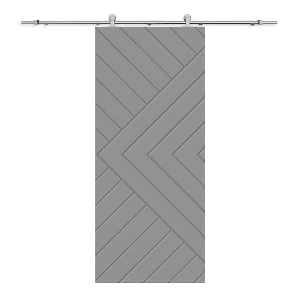 CALHOME Chevron Arrow 32 in. x 80 in. Fully Assembled Light Gray Stained MDF Modern Sliding Barn Door with Hardware Kit
