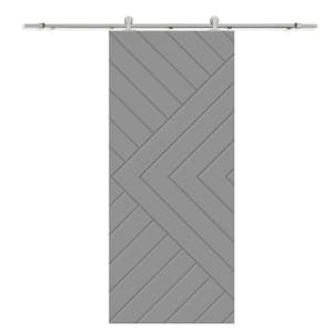 Chevron Arrow 32 in. x 96 in. Fully Assembled Light Gray Stained MDF Modern Sliding Barn Door with Hardware Kit