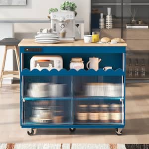 Navy Blue Solidwood Drop Leaf 44.02 in. Kitchen Island LED Sliding Fluted Glass Doors Cart with Cabinet and Open Shelf