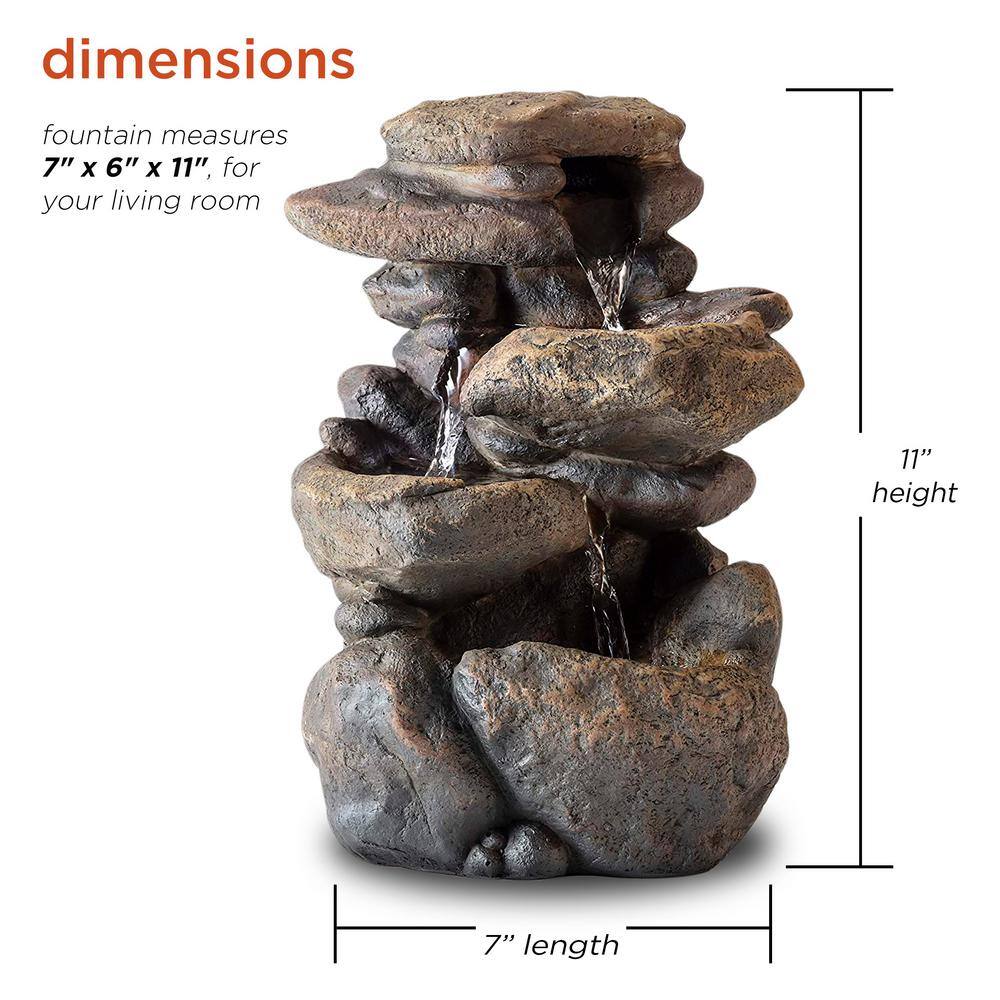 11" Gray Fiberglass 3-Tier Rock Tabletop Fountain with LED Light