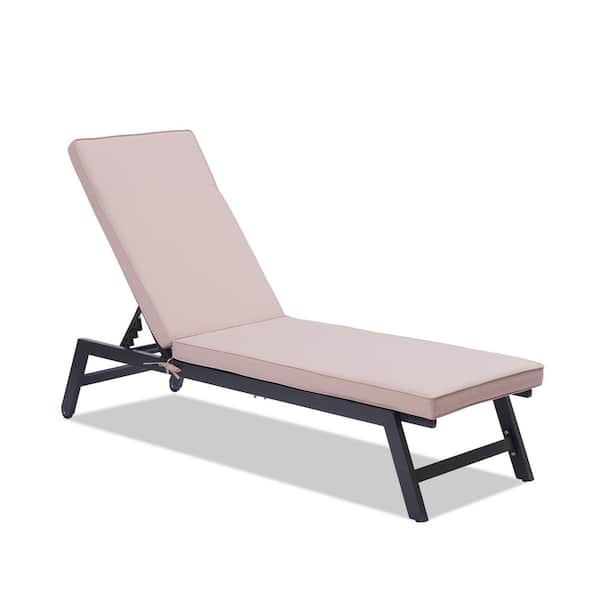 Afoxsos Black 5-Position Adjustable Aluminum Recliner Outdoor Patio All Weather Chaise Lounge Chair with Beige Cushion