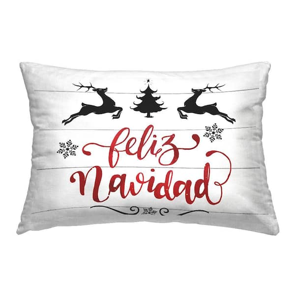 Feliz Navidad Holiday Reindeer White Striped Polyester 14 in. x 20 in. Indoor Throw Pillow