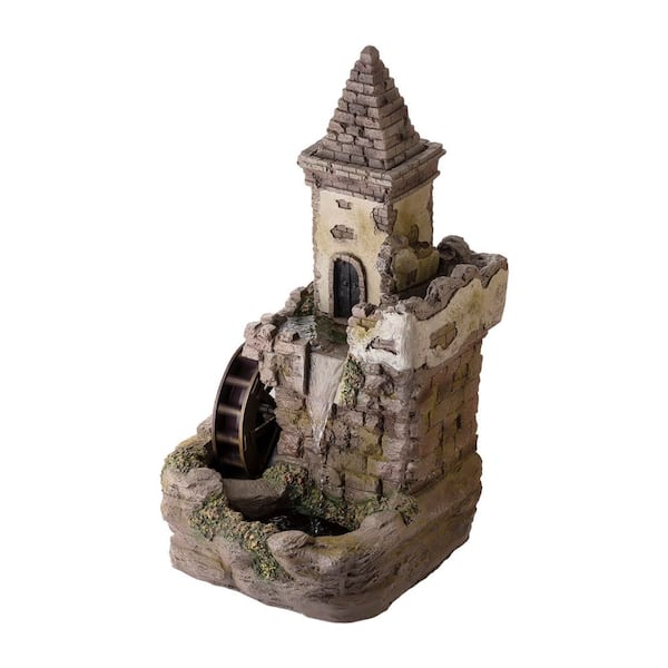 35 in. Tall Outdoor Fairy Castle Waterwheel Tiered Fountain Yard Art decoration