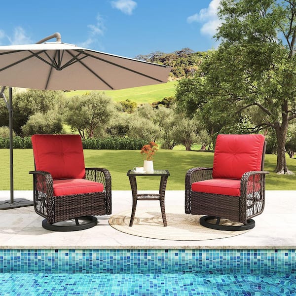 Sizzim 3-Piece Brown Wicker Outdoor Rocking Chair Set Outdoor Swivel Chairs with Red Cushions