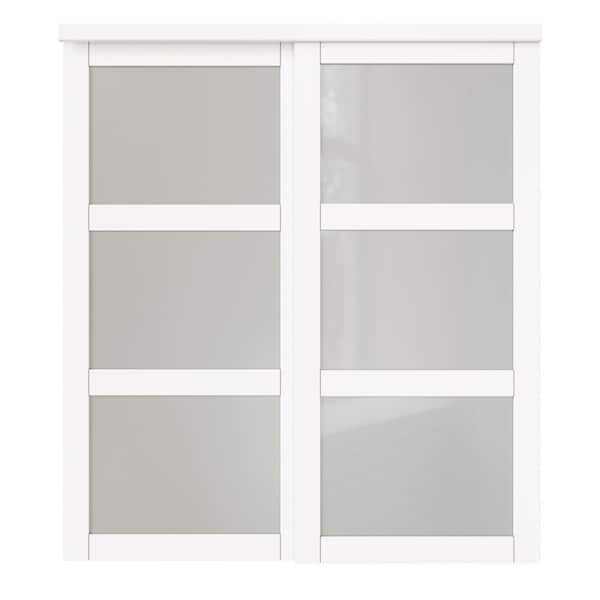 72 in. x 96 in. 3 Lite White Tempered Frosted Glass Closet Sliding Door with Hardware