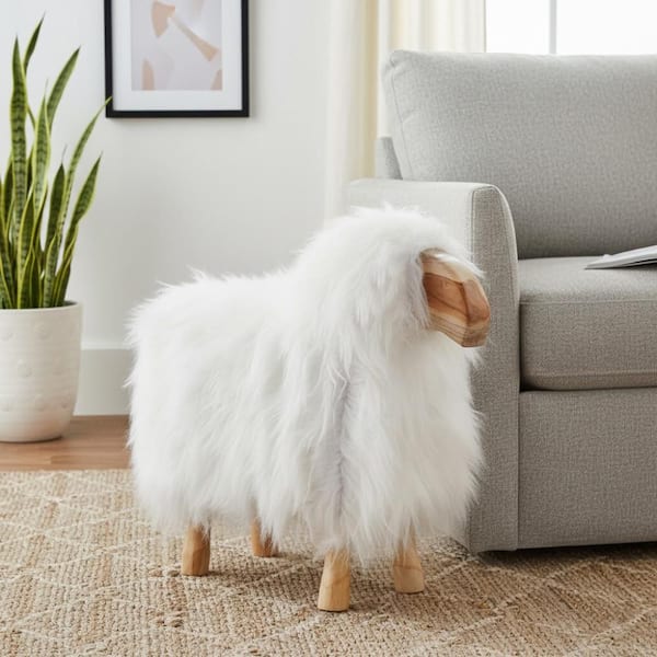 White 21.25 in. x 19.5 in. Faux Fur Wood Decorative Fuzzy Sheep Figurine