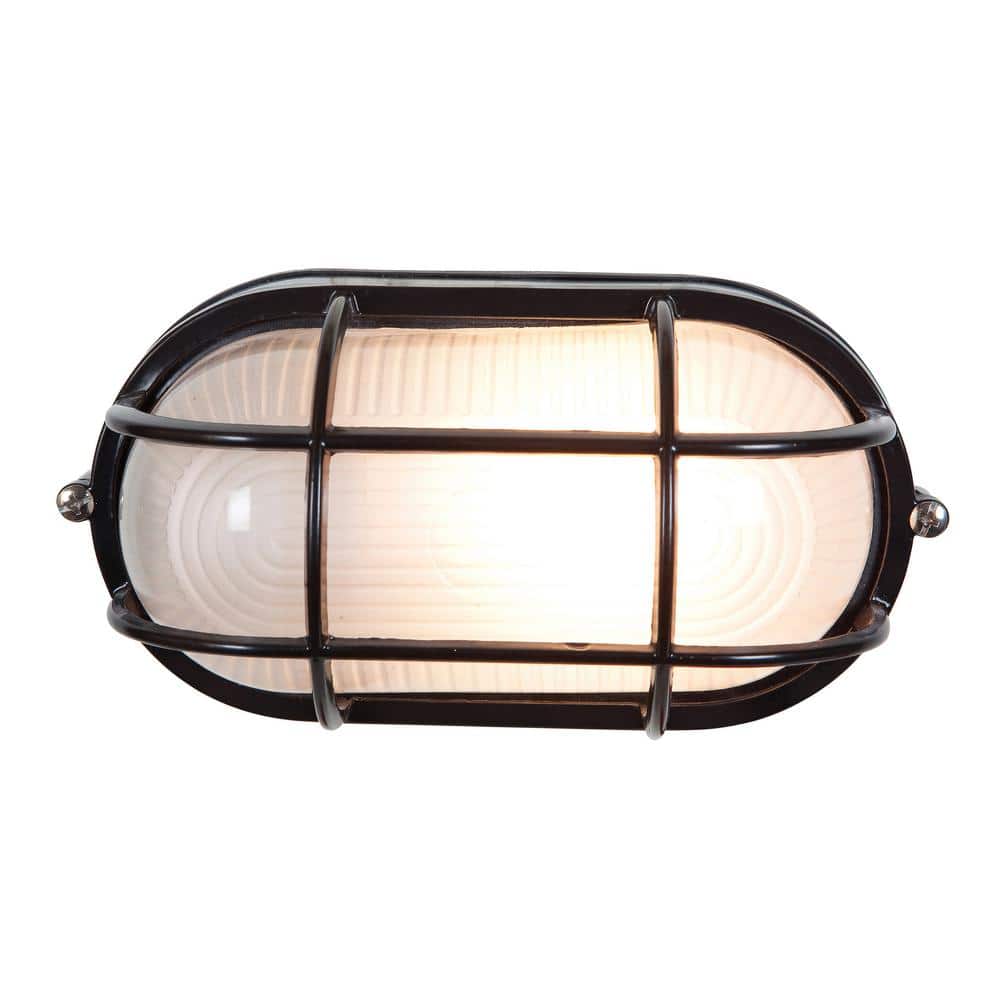 Nauticus 1-Light Black Outdoor Bulkhead Light with Frosted Glass Shade