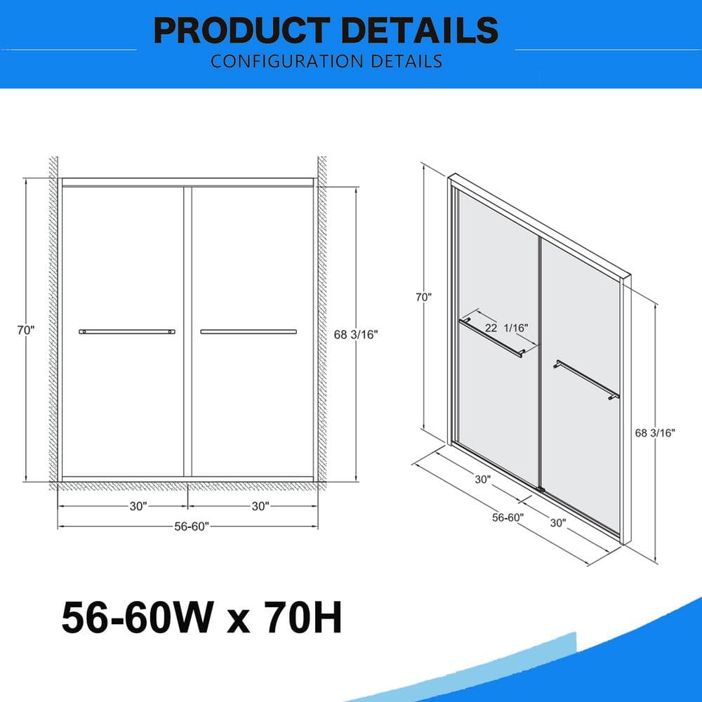 60" Matte Black Semi-Frameless Sliding Glass Shower Door