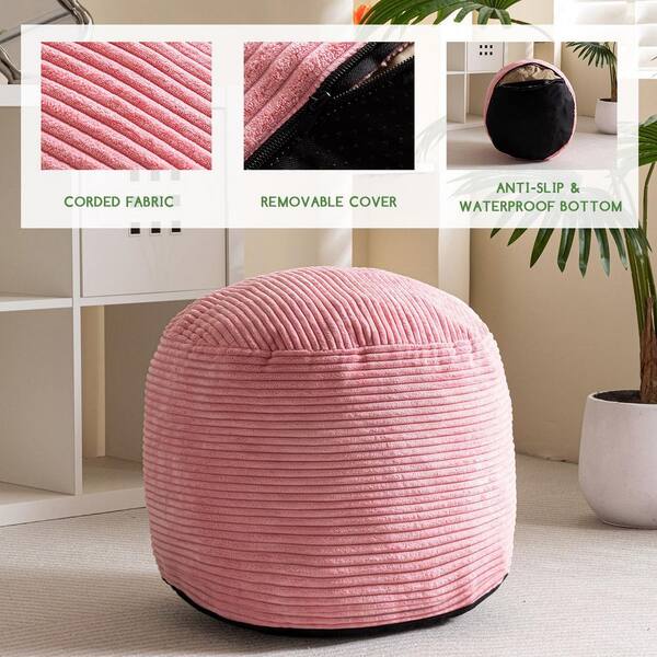 OGETFUUR 20 X 15 in. Pink Round Stuffed Outdoor Pouf Ottoman, Corduroy Poufs with Foam Chunk Filling