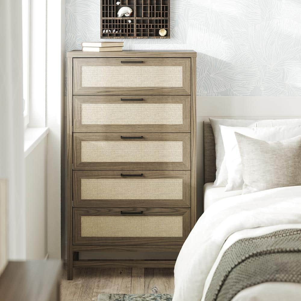 Lystra Tall 5-Drawer Dresser, Medium Brown and Faux Rattan -  Ameriwood Home, DE76482