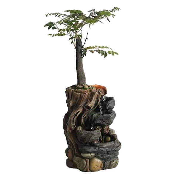 10 in. Polyresin Indoor Rockery Tabletop Fountain with LED Light and Plant Pot Cascade