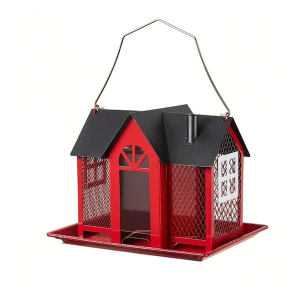 OGETFUUR 1.2 lbs. Red Metal Mesh Triple Compartment Weatherproof Wild Bird Feeder House for Finch Cardinal Chickadee (1 Pack)