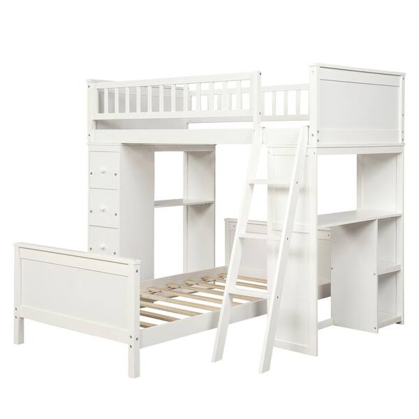 Harper Bright Designs White Twin Over, Twin Bunk Bed With Desk And Drawers
