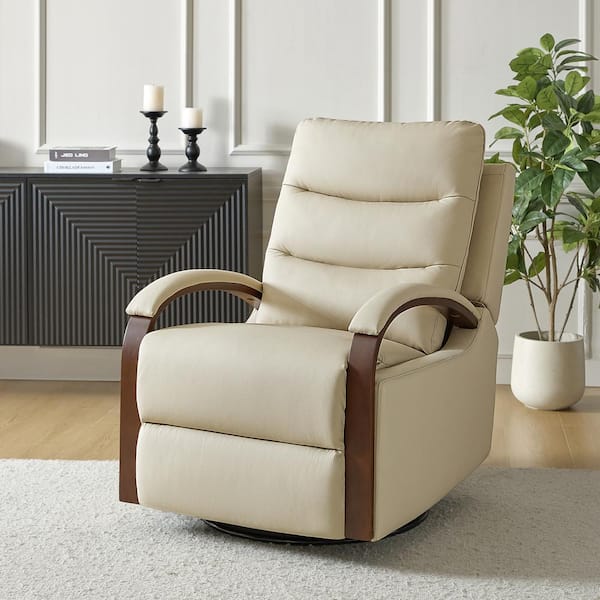 JAYDEN CREATION Joseph Beige Genuine Leather Swivel Rocking Manual Recliner with Straight Tufted Back Cushion and Curved Mood Arms
