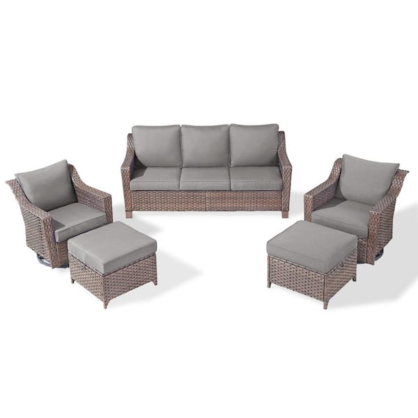 SlideArm Brown 5-Piece Wicker Swivel Glider Patio Conversation Set, Sofa Seating Set with Olefin Gray Cushions