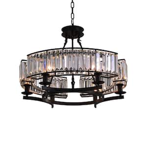 6-Light Black Modern Crystal Chandelier Drum Island Adjustable Hangding Semi Flush Mount Ceiling Light