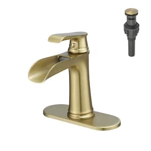 Single Hole Single-Handle Bathroom Faucet With Pop-Up Drain Assembly and Waterfall in Brushed Gold