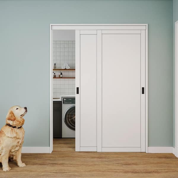 60 in. x 80 in. Paneled 1-Lite White Primed Finished MDF Muti-Design Sliding Door with Hardware