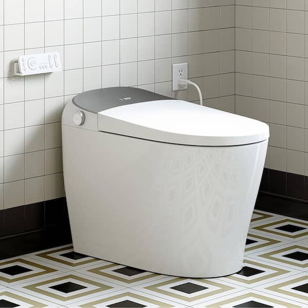 Tankless Elongated Smart Toilet Bidet 1.27 GPF in White with Rose Gold Backlid, Warm Air Dryer, Bubble Infusion Wash