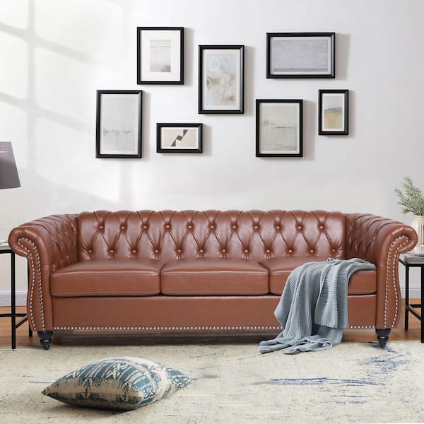 84 in. Rolled Arm 3-Seater Nailhead Trim Sofa in Orange