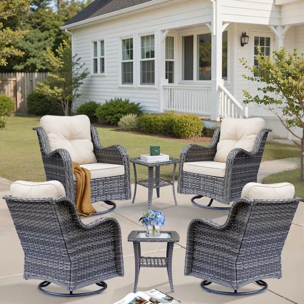 Xingzjojor Gray 6-Piece Wicker Outdoor Patio Swivel Rocking Chair Set with Beige Cushions and Side Table