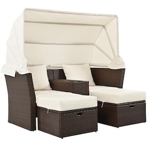 2-Seater Brown 1-Piece Rattan Wicker Patio Outdoor Loveseat with Foldable Awning and Beige Cushions