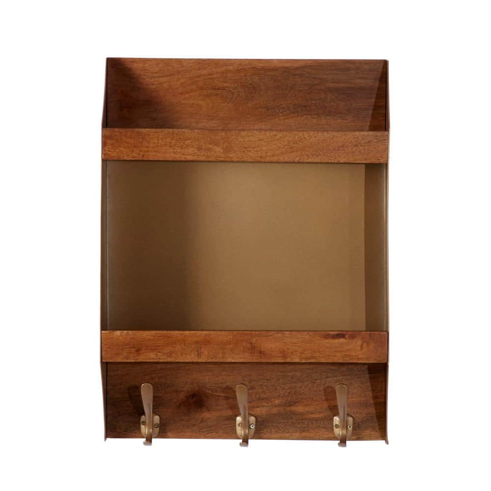 Golden Brown Industrial Iron & Wood Wall Shelf with Hooks