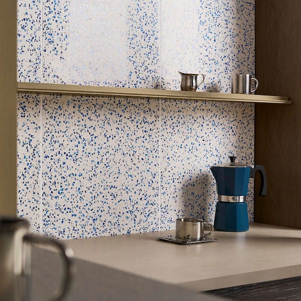 Raleigh Glass Creme Cobalt Blue 16.14 in. x 16.14 in. Polished Terrazzo Floor and Wall Tile (3.61 sq. ft. / Case)