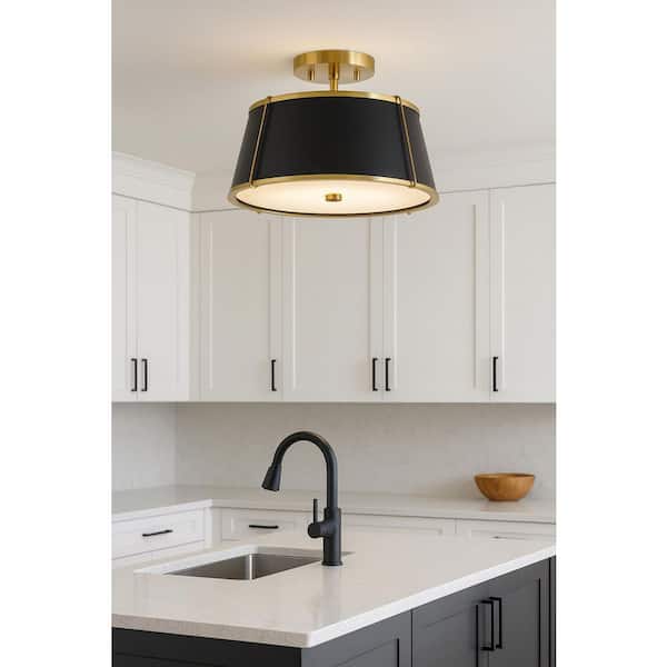 Clarke 15 in. 2-Light Warm Brass Semi-Flush Mount with Metal Shade