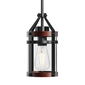 13.39 in.1-Light Black Farmhouse Island Pendant Hanging Light with Wood Grain and Glass Shade