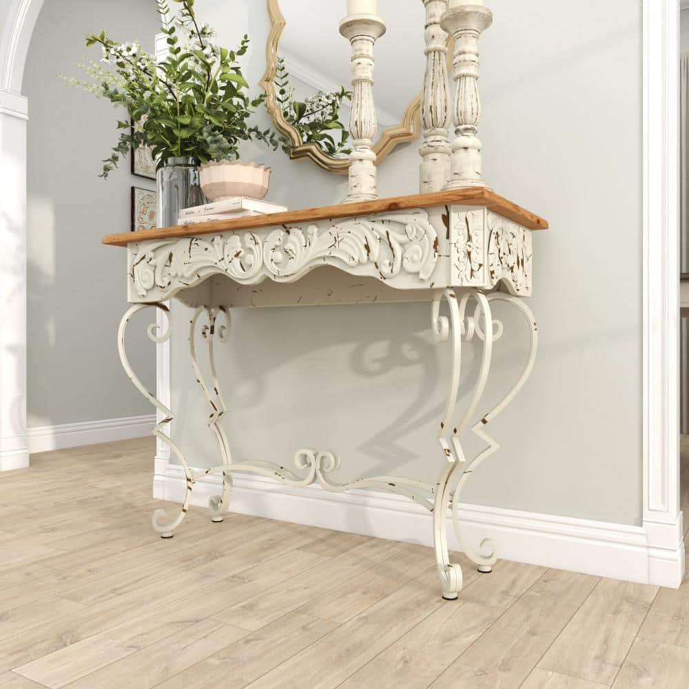 French Provincial White Metal Scroll Console Table with Fir Wood Top