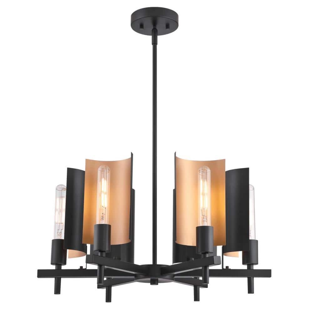 Matte Black and Bronze Six-Light Industrial Chandelier