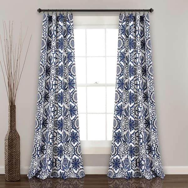 Navy Medallion Rod Pocket Room Darkening Curtain - 52 in. W x 84 in. L (Set of 2)