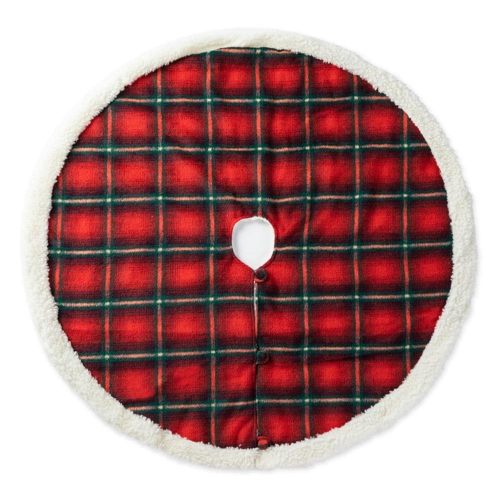 Glitzhome 48 in. D Red and Black Plaid Reversible Sherpa/Flannel Christmas Tree Skirt