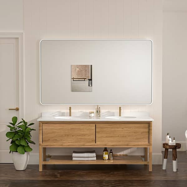 60 in. W x 36 in. H Modern Rectangular Aluminum Framed Wall Bathroom Vanity Mirror in White