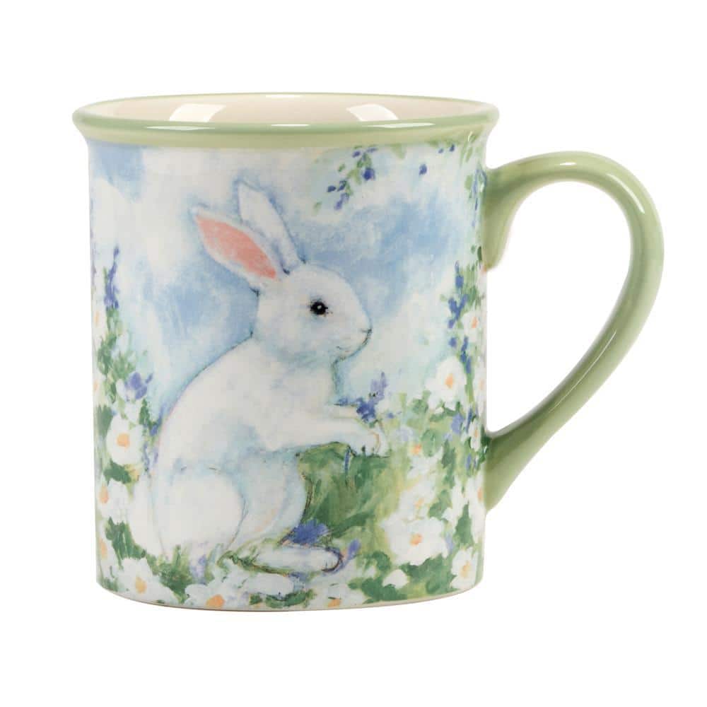 Springtime Bunny Blue Ceramic 18 oz Mugs, Set of 4