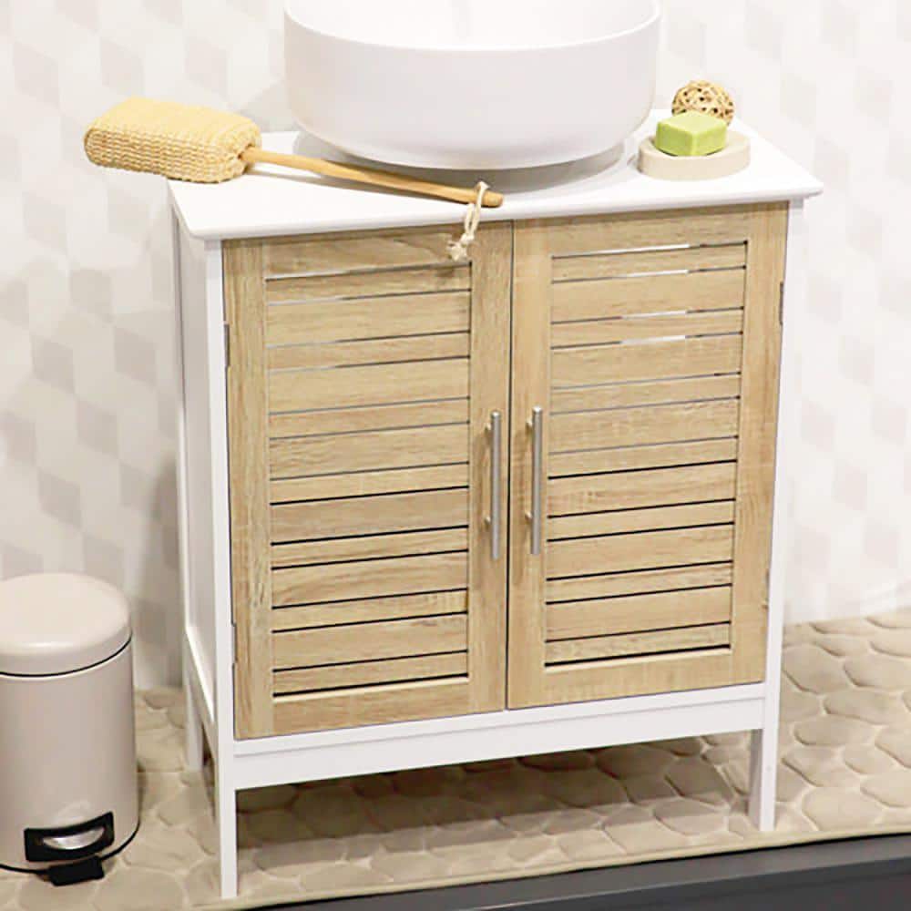 Stockholm Brown Oak Freestanding Bathroom Vanity Cabinet with Louvered Doors