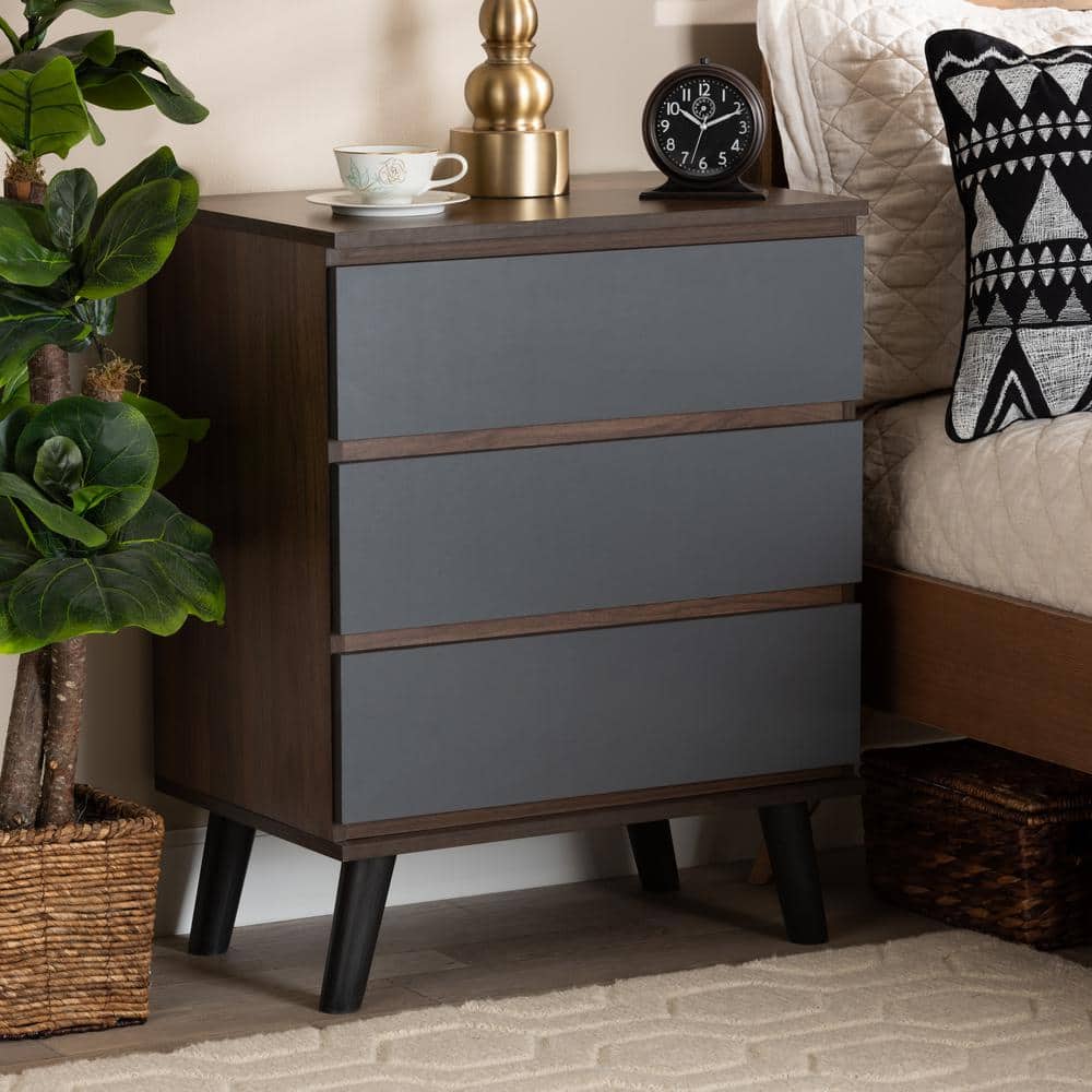 Mid-Century Walnut and Gray 3-Drawer Bedroom Chest