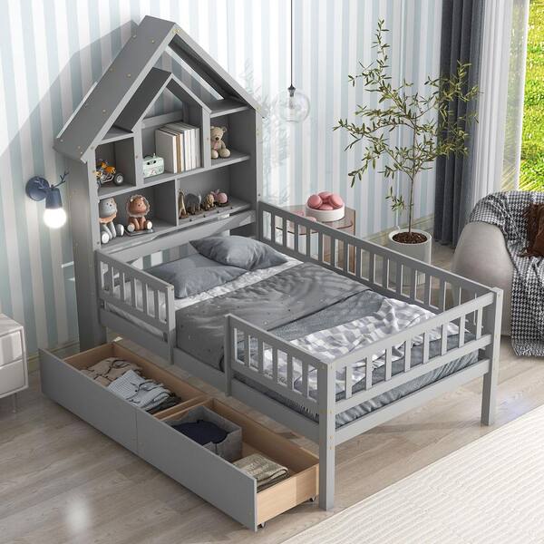 Harper & Bright Designs Gray Twin Size House-Shaped Headboard Wood Platform Bed with Storage Shelves, Fence Guardrails and 2 Drawers