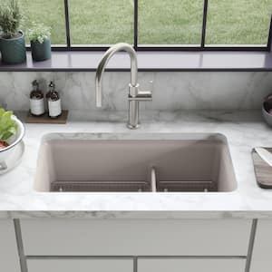 Cairn Matte Taupe Solid Surface 33 .5 in. Double Bowl Undermount Kitchen Sink