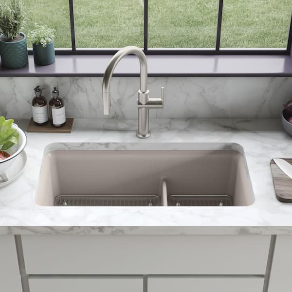 Cairn Matte Taupe Granite Composite 33 .5 in. Double Bowl Undermount Kitchen Sink