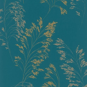Shimmery Teal/Gold Shrub Leaf On Plain Linen Texture Vinyl on Non-Woven Non-Pasted Wallpaper Roll