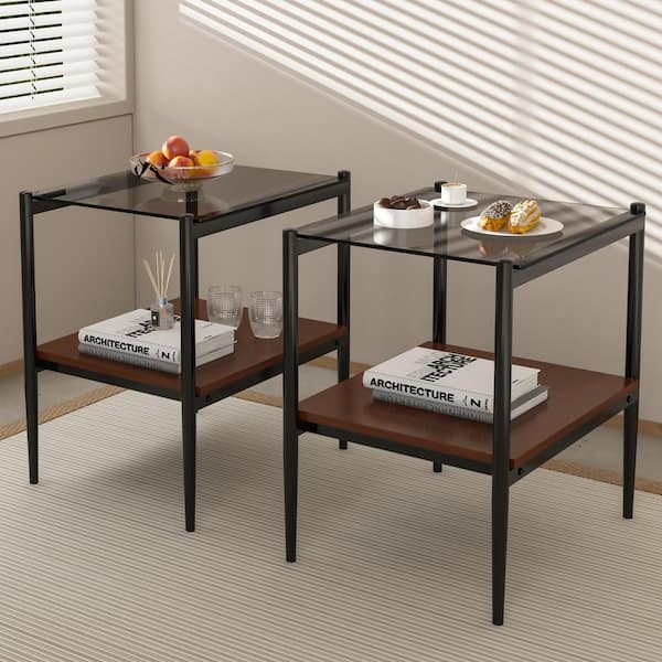 Set of 2 19.1 in. Rectangle End Tables Gray Tempered Glass Top, MDF Shelf and Black Metal Legs for Living Room