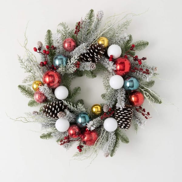 SULLIVANS 24 in. Shiny Ball Frosted Pine Artificial Christmas Wreath, Multicolor