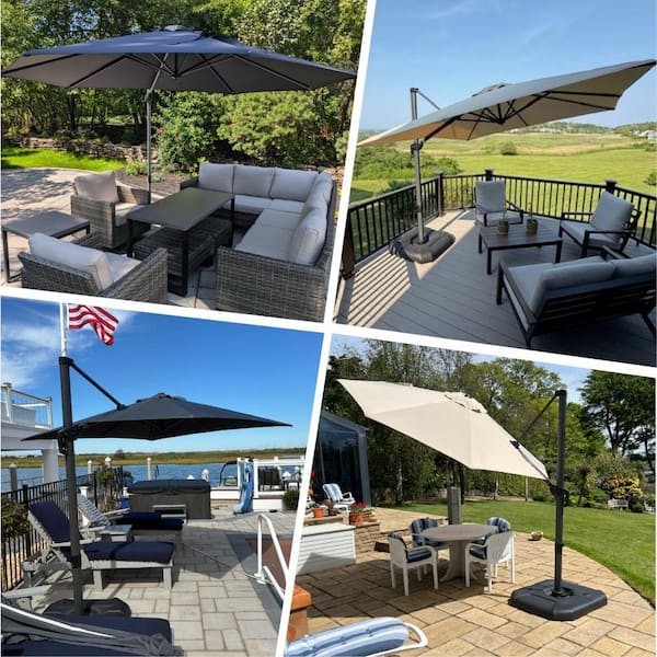 9 ft. Square Aluminum Outdoor Cantilever Patio Umbrella Offset 360° Rotation Umbrella with Base, in Gray