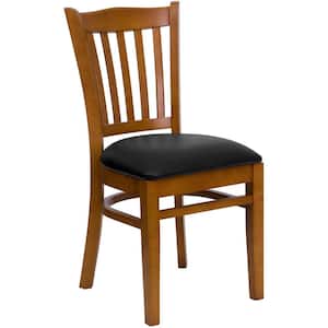 Hercules Series Cherry Vertical Slat Back Wooden Restaurant Chair with Black Vinyl Seat